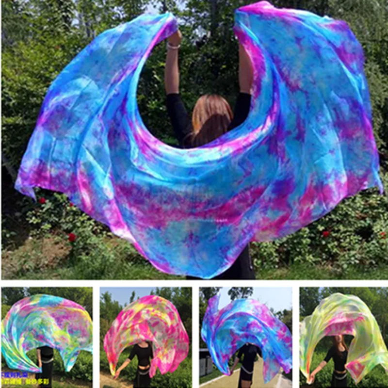 New tie-dye dancing 100% real Silk Veils nice Gradient color Silk Hand Scarfs for Dancing Stage Performance 2.5x1.14M size