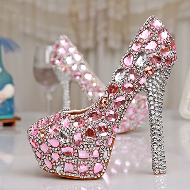 Spring 4 Inches Single Dress Shoes Pink Crystal Wedding Dress Shoes Luxury Gorgeous Ladies Platform Party Prom High Heels
