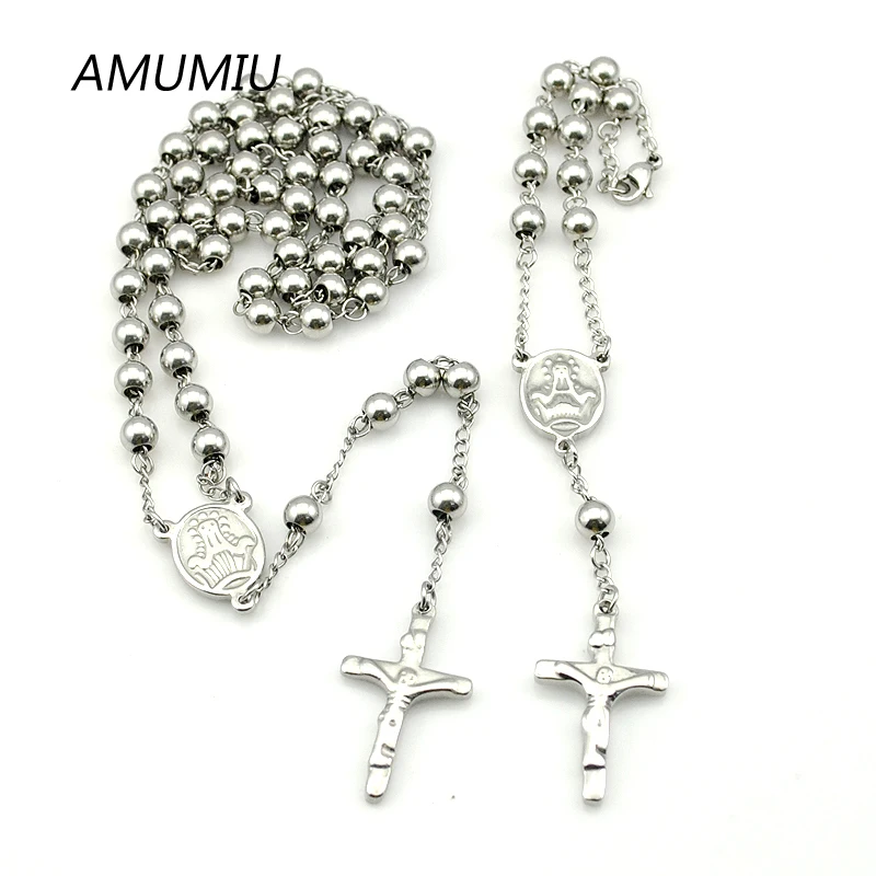 AMUMIU Stainless Steel Rosary Bracelet Necklace Sets Beads 2piece/Set Silver Color Cross Regilious Men Women Jewelry HZTZ074