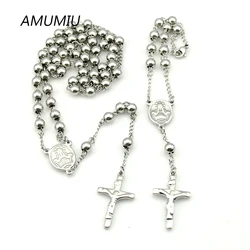 AMUMIU Stainless Steel Rosary Bracelet Necklace Sets Beads 2piece/Set Silver Color Cross Regilious Men Women Jewelry HZTZ074