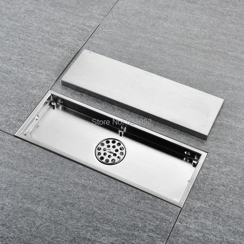 12 inch Long Rectangle Floor Drain with Removable Cover Grid Grate 304 Stainless Steel Anti-Odor Bathroom Invisible Shower Drain