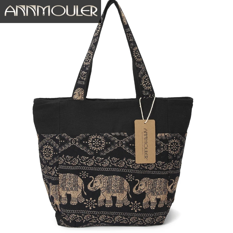 Annmouler Large Capacity Shoulder Bag Elephant Printed Women Tote Bags Canvas Patchwork Handbags Top Handle Cotton Totes