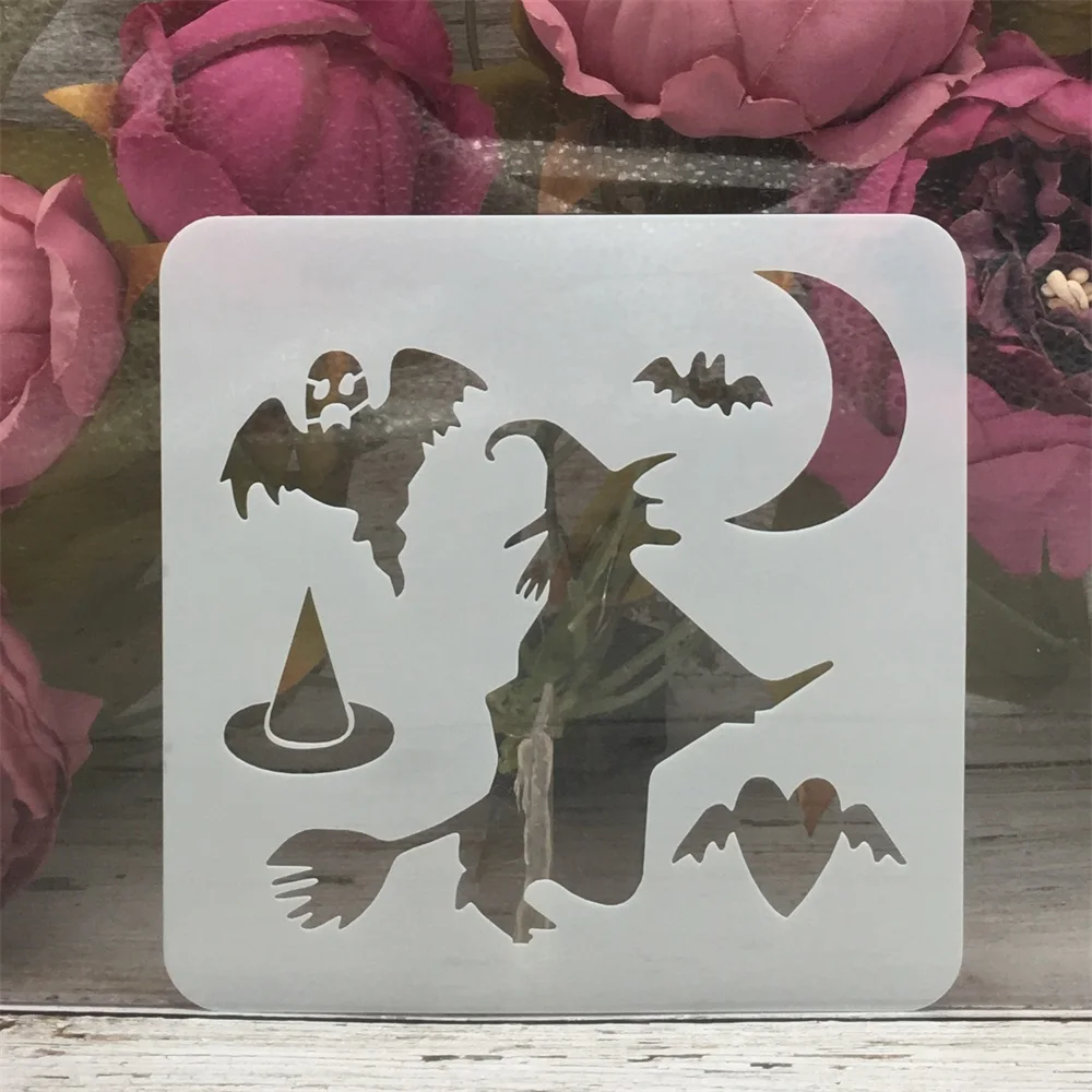 13*13cm Witch Bat Moon Magic Halloween DIY Layering Stencils Painting Scrapbook Coloring Embossing Album Decorative Template