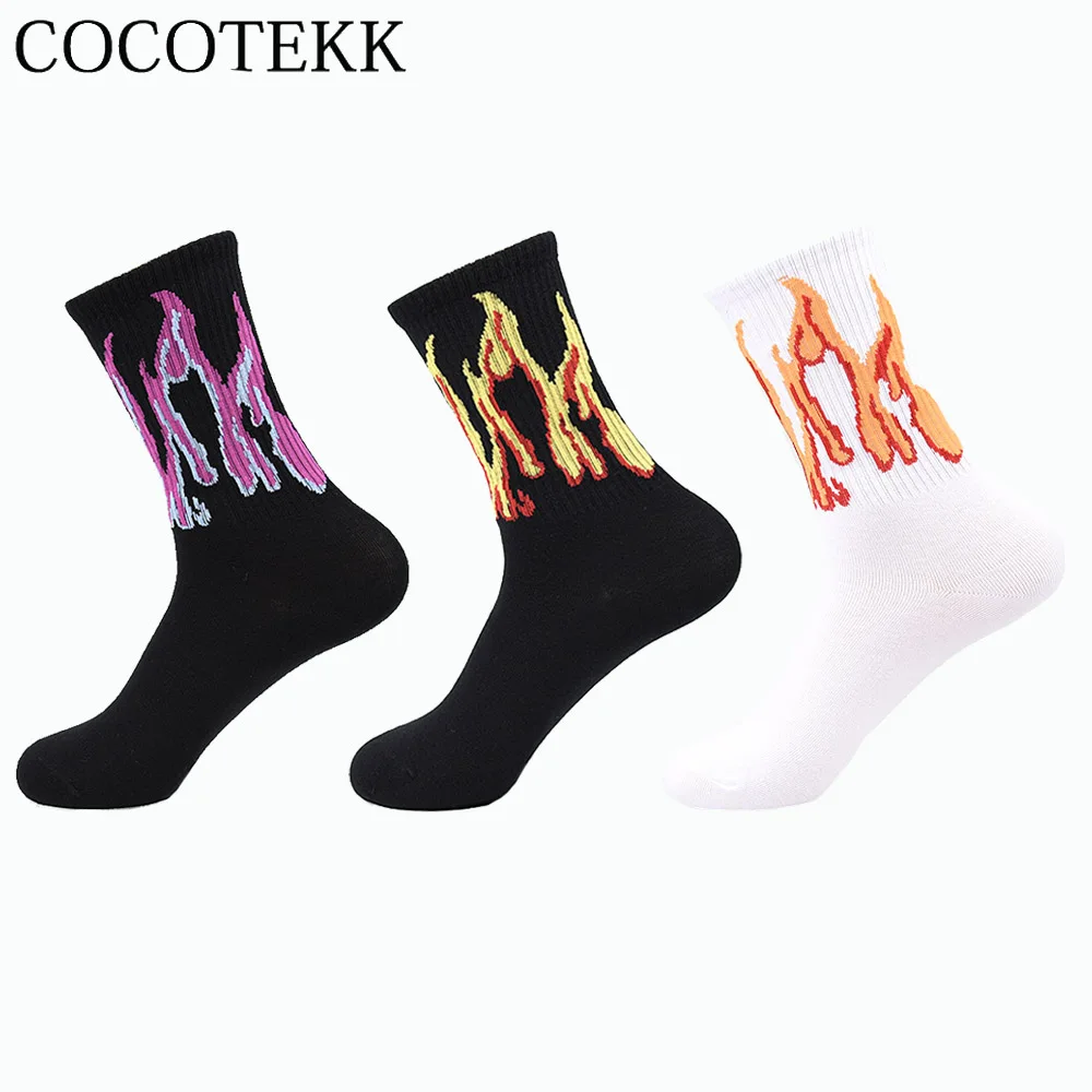 Men's Socks Novelty Hip Hop Harajuku Flame Black White Yellow Fire Cotton Socks Unisex Classic Fashion Skateboard Street Socks