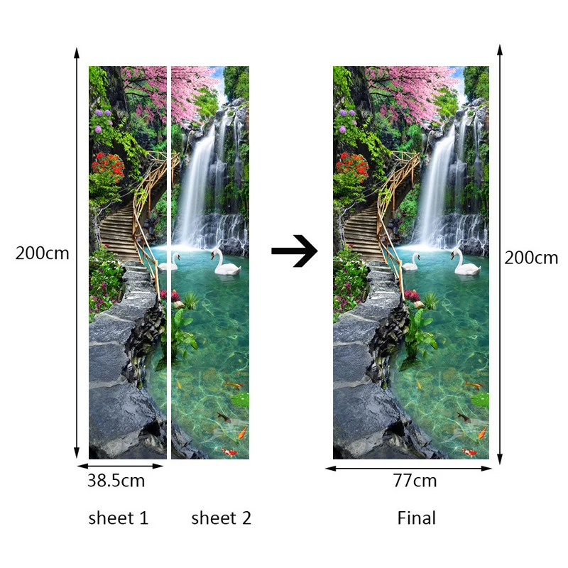 Nature Landscape Waterfall 3D Door Sticker Photo Wallpaper PVC Self Adhesive Waterproof Door Stickers Home Decor Mural De Parede