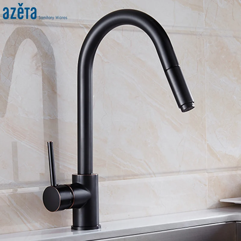 

Azeta 360 Degree Swivel Pull Out Kitchen Sink Faucets Brass ORB Single Handle Cold Hot Water Kitchen Mixer Tap Torneira AT9964OB