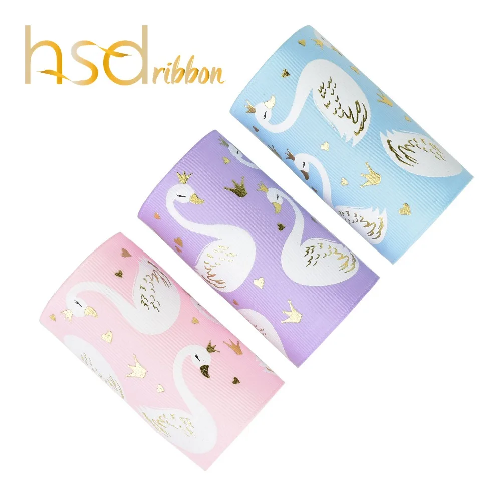 HSDRibbon Free Shipping Designer custom 75MM 3inch Swan ink with gold foil on Solid Grosgrain Ribbon