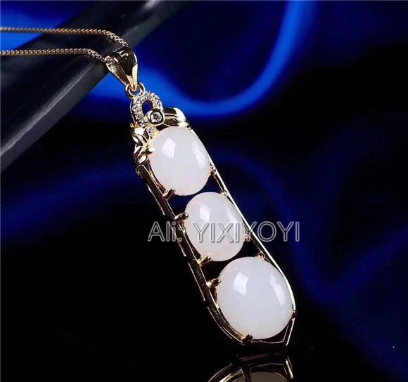 Beautiful 925 Sterling Silver White HeTian Jade Beads Inlay Bean Style Lucky Pendant + Chain Necklace Fine Jewelry Charm Gift