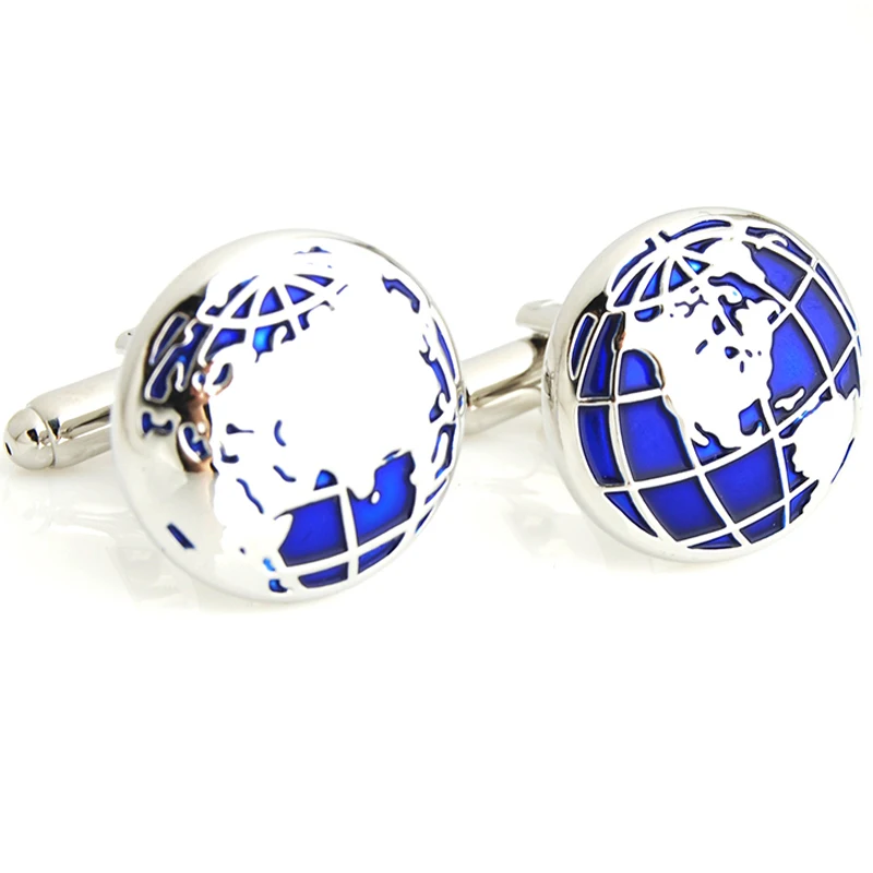 High Quality Fashion Cufflinks For Men Blue Global Earth World Map Designer Cuff Links Wholesale Mens French Cuff Botton