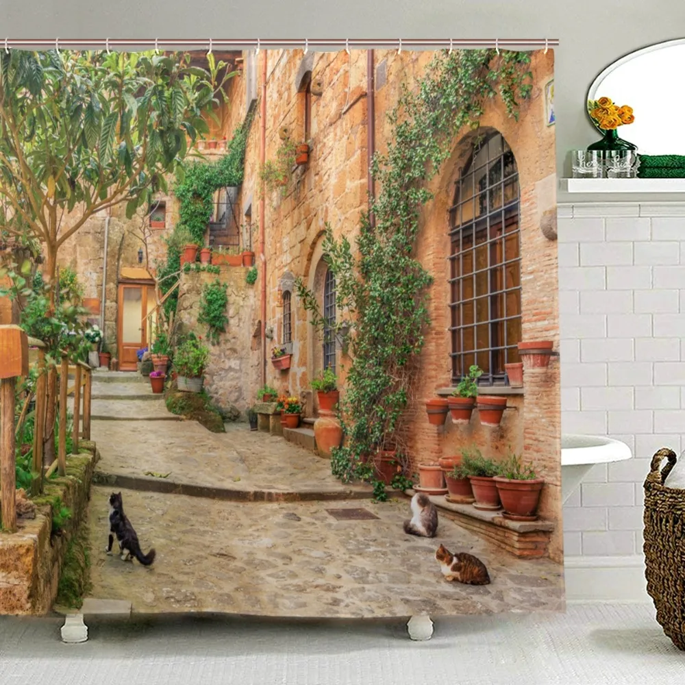 Tuscany Decor Shower Curtain Landscape Italian Culture Old Mediterranean Street with Stone Rock Houses Bathroom Curtain for Bath