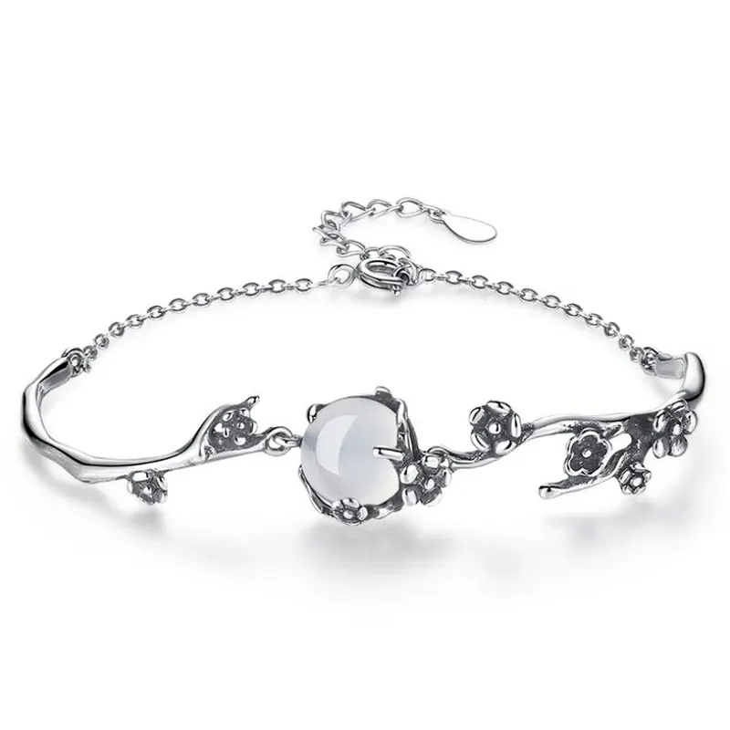 ANENJERY Silver Color Vintage Fashion Thai Silver Bracelet White Moonlight Stone Plum Flower Bracelet pulseira S-B160