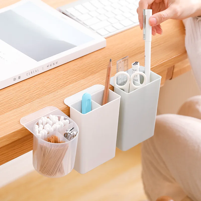 Pen Box Stick On Desktop Brush Pot Plastic Pen Holder Container Makeup Stationery Storage Holder for Home Office Decor