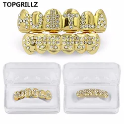 TOPGRILLZ Gold Color Plated Iced Out Letter CZ Stone Hip Hop Teeth For Mouth GRILLZ Caps Top & Bottom Grills Set Classic tooth