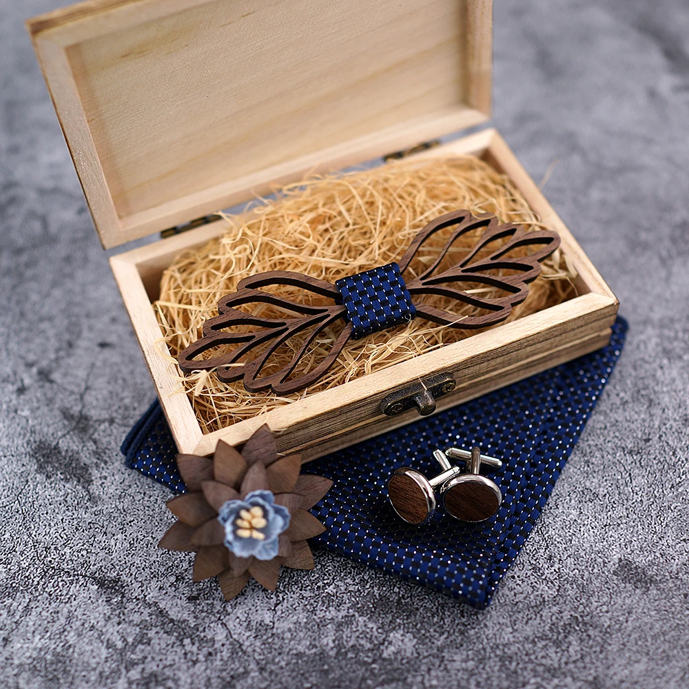 Romantic Hollow Wood Bow ties Bowtie with handkerchief Cufflinks For Men New Design Christmas gift set