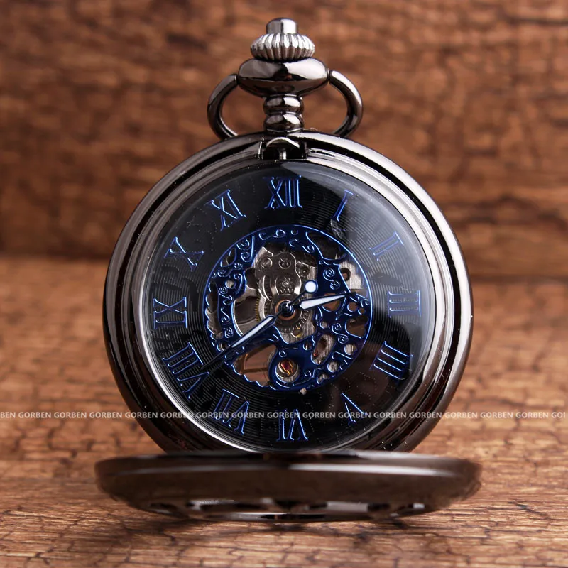 Reloj de bolsillo mecánico hueco de flores negras Retro Para hombres y mujeres, acero Steampunk, cadena FOB única, Caja de Regalos