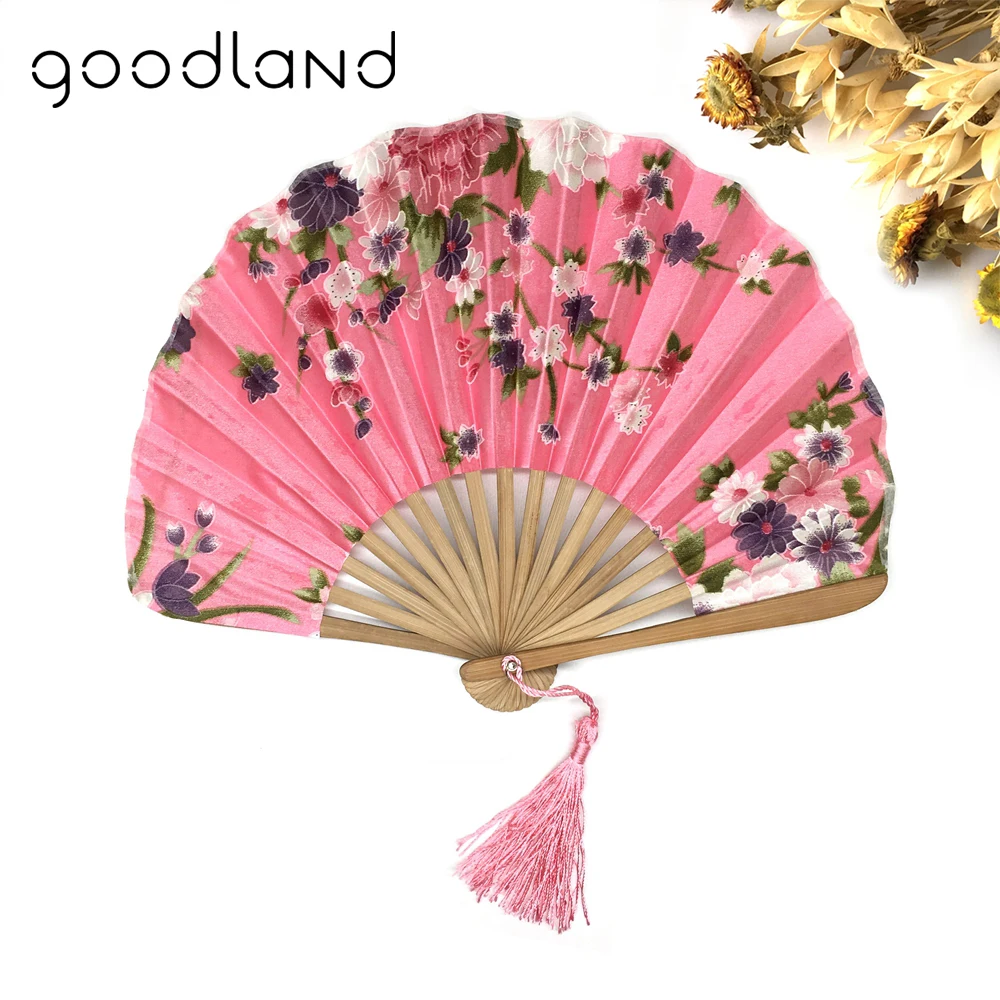 

High Quality 1PC with Delicate Packaging Japanese Fabric Floral Pattern Pocket Folding Bamboo Fans For Girls Women