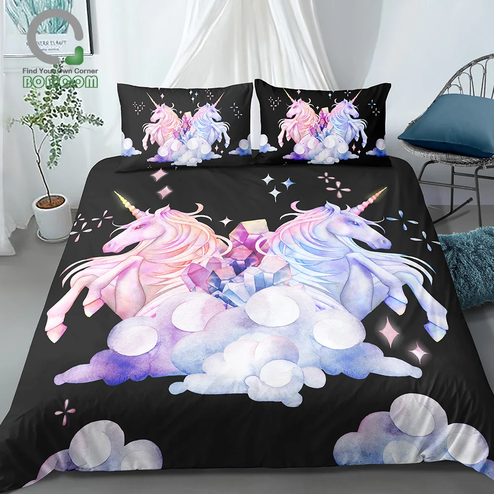 

BOMCOM 3D Digital Printing Watercolor Hand Drawn Unicorn Couple In Pastel Colors Fantasy Clouds Crystals 100% Microfiber Black