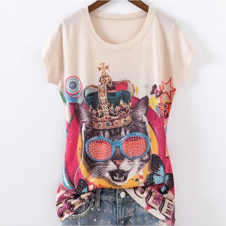 summer new fashion painted diamond printed glasses cat slim cotton women short-sleeved T-shirt