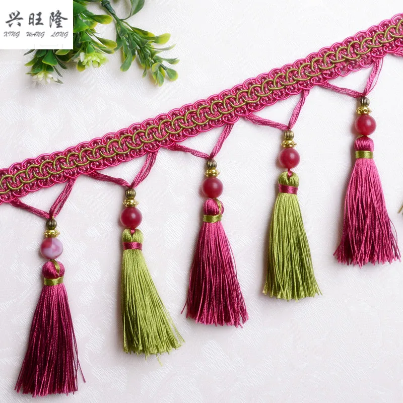 XWL 12M/Lot 12cm Wide Jade Bead Curtain Lace Trim Sofa Edge Tapestry Curtain Accessories Tassel Fringe Lace Ribbon DIY Sewing