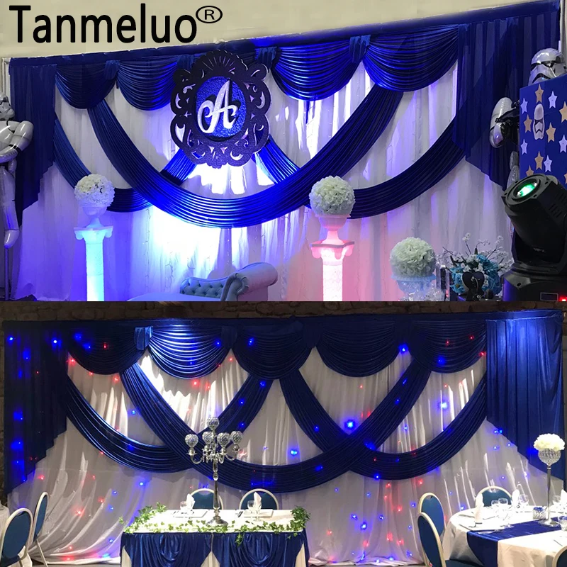 3*6M White Ice Silk Wedding Backdrops with Royal Blue Swag Detachable Stage Background Drape and Curtain Wedding Decoration