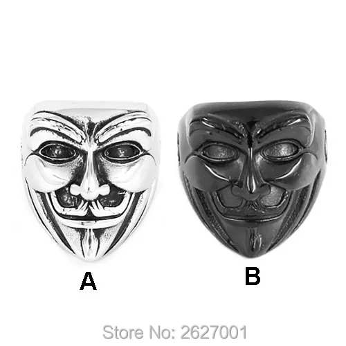 Wholesale V for Vendetta V Mask Man Biker Ring Stainless Steel Jewelry Fashion Black Silver Color Skull Biker Men Ring SWR0590