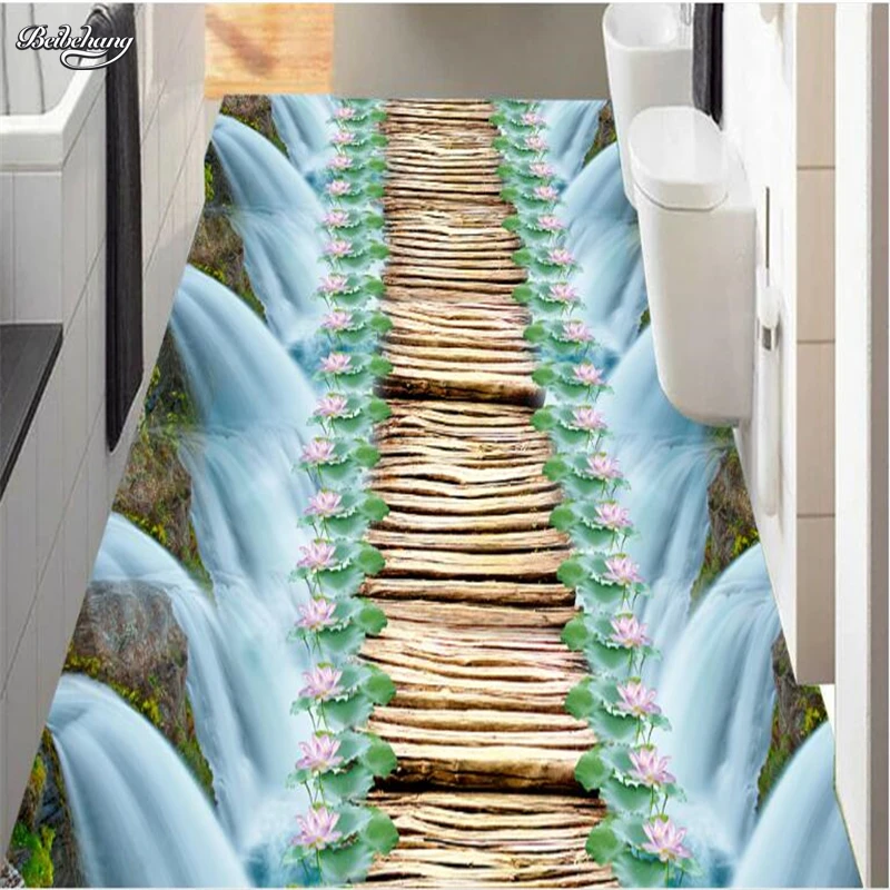 

beibehang Custom large mural waterfall lotus pond wooden bridge bathroom 3d floor to paste thick waterproof pvc wearable film