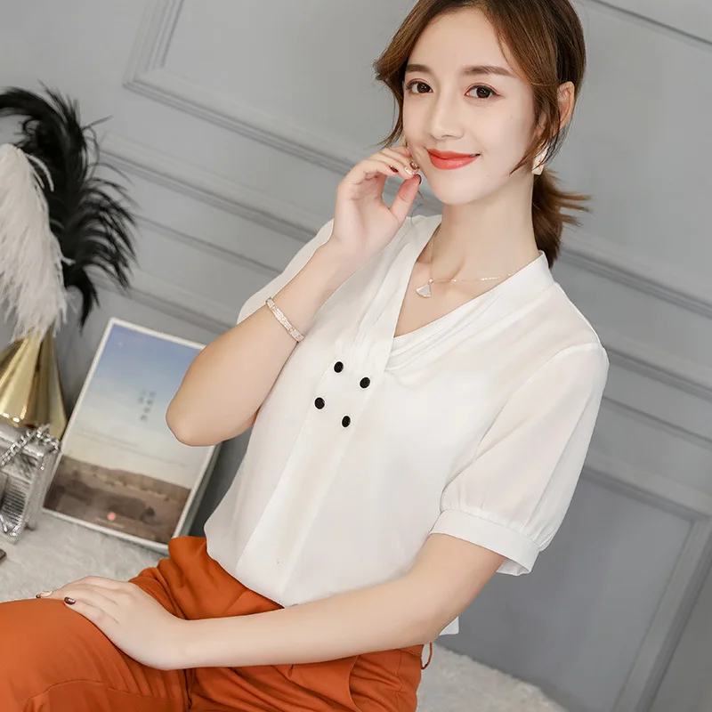 Baru Korea Chiffon Kemeja Fashion Wanita Warna Murni Lengan Pendek Kerah V Blus Wanita Musim Semi Musim Panas Tipis Kemeja Atas h9105