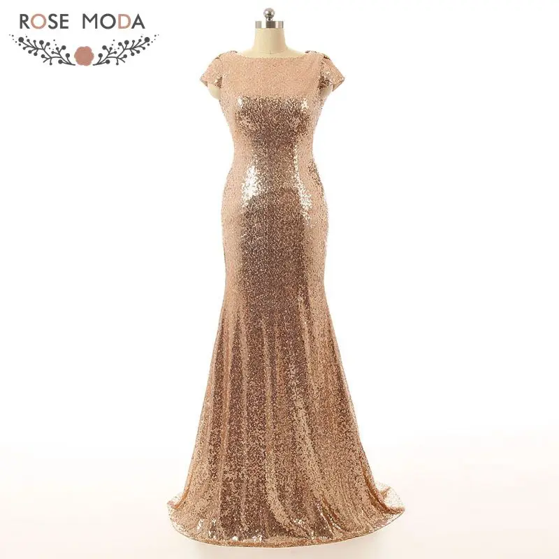 Rose Moda Real Photo Champagne Gold Silver Short Sleeve Bling Sequined Lace Bridesmaid Dress