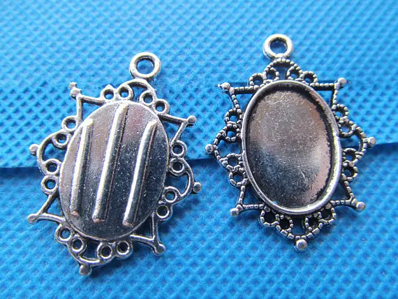 10pcs Antique Silver/Antique Bronze Oval Flower Border Base Setting Tray Bezel Pendant Charm,fit 13mmx18mm Cabochon/Cameo