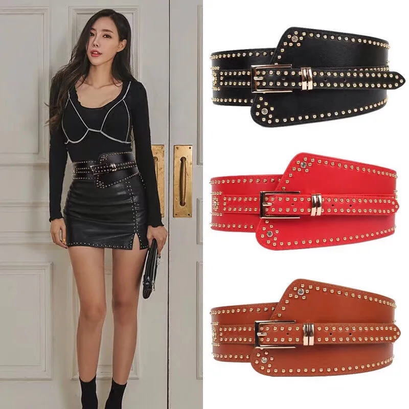 Bg-477 Cool women full studded black leather belts for dresses designer handmade wide stretch belt lady rhinestone belt online