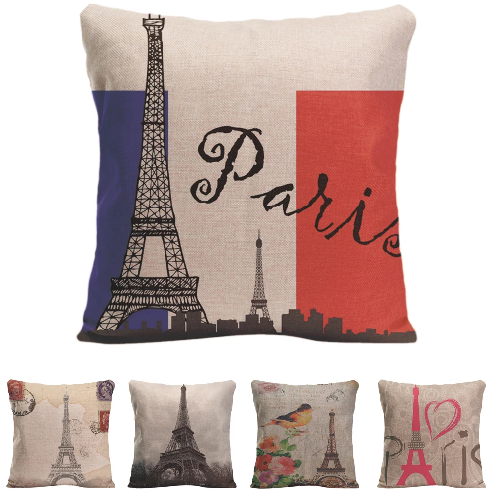 Fashion 45 *45cm Vintage Eiffel Tower in Paris Triomphe Orative Throw Pillow case Sofa Seat Bird Pink Love Cushion Cover Cojines