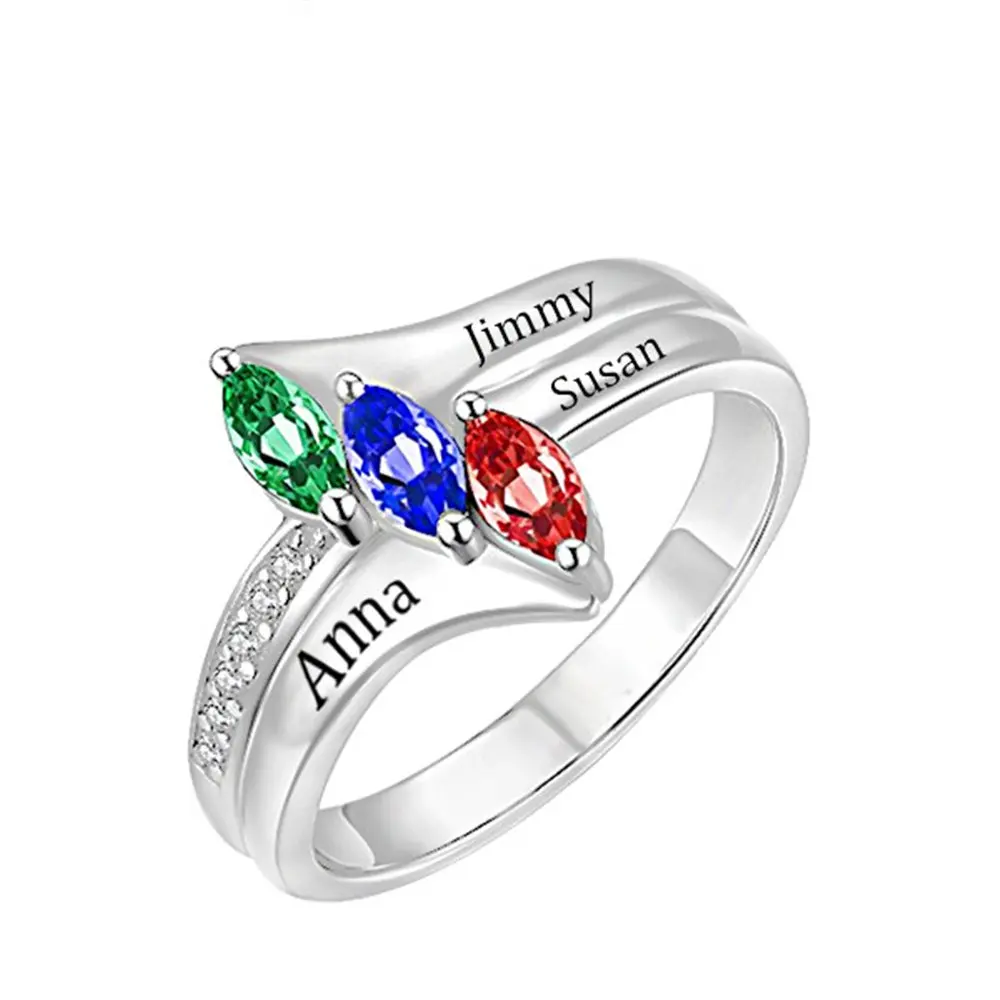 Amxiu Customize Three Names Rings 925 Silver Name Ring with Birthstones Large Zircon Rings For Women Mother Personalized Jewelry