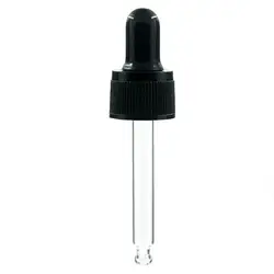 18-410 glass dropper black/white ribbed skirt plastic/aluminum Child resista Cap assembly with rubber bulb and glass pipette X10