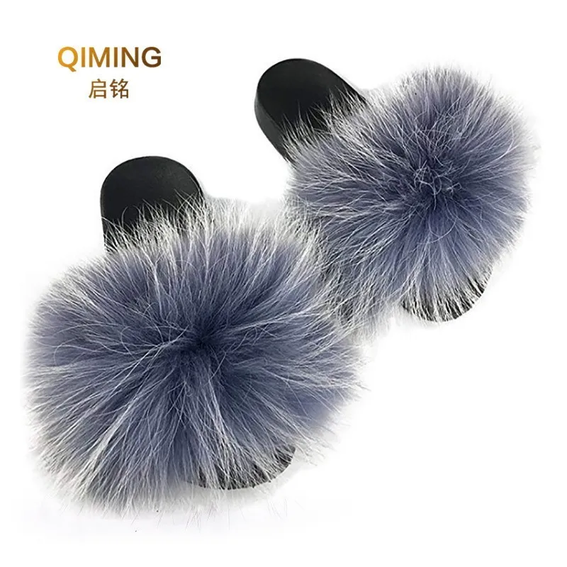 Women Raccoon Fur Slippers Outdoor Furry Slipper Fluffy Indoor House Fashion Summer Color Flip Flops flat shoes Woman Sandals