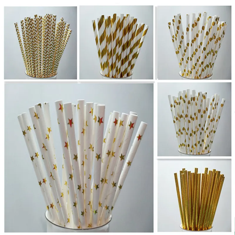 25pcs Drinking Paper Straws Metallic Gold heart star Foil Stripe Birthday Party Festive Supplies Decoration Paper  Straws