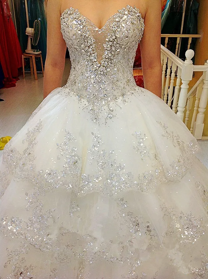 Nuevos vestidos de novia Ensotek 2019 princesa sin tirantes tul mullido encaje cristal diamante cuentas lentejuelas lujo vestidos de boda