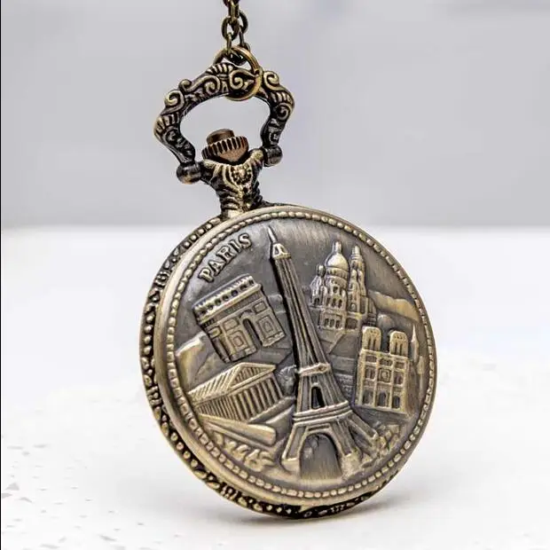 Vintage Bronze antiques Building tower Fashion quartz pendant Flip clock Necklace pocket watches