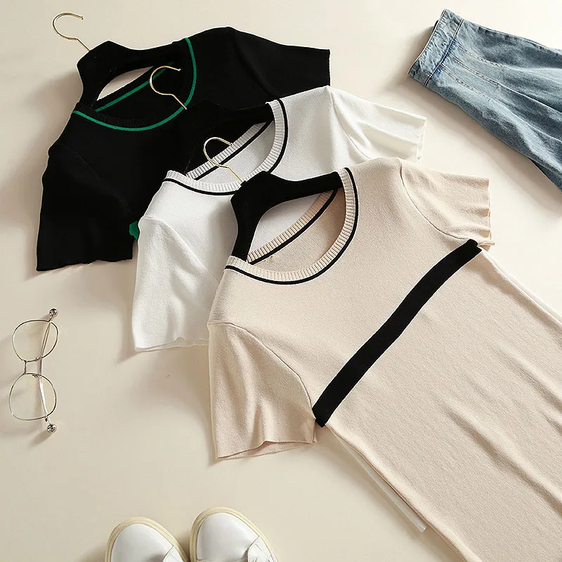 Shintimes Dünne Gestrickte T Shirt Frauen Kleidung Neue Sommer Frau Kurzarm Tees Tops Gestreiften Casual T-Shirt Weibliche T-shirt Femme – Detail 1