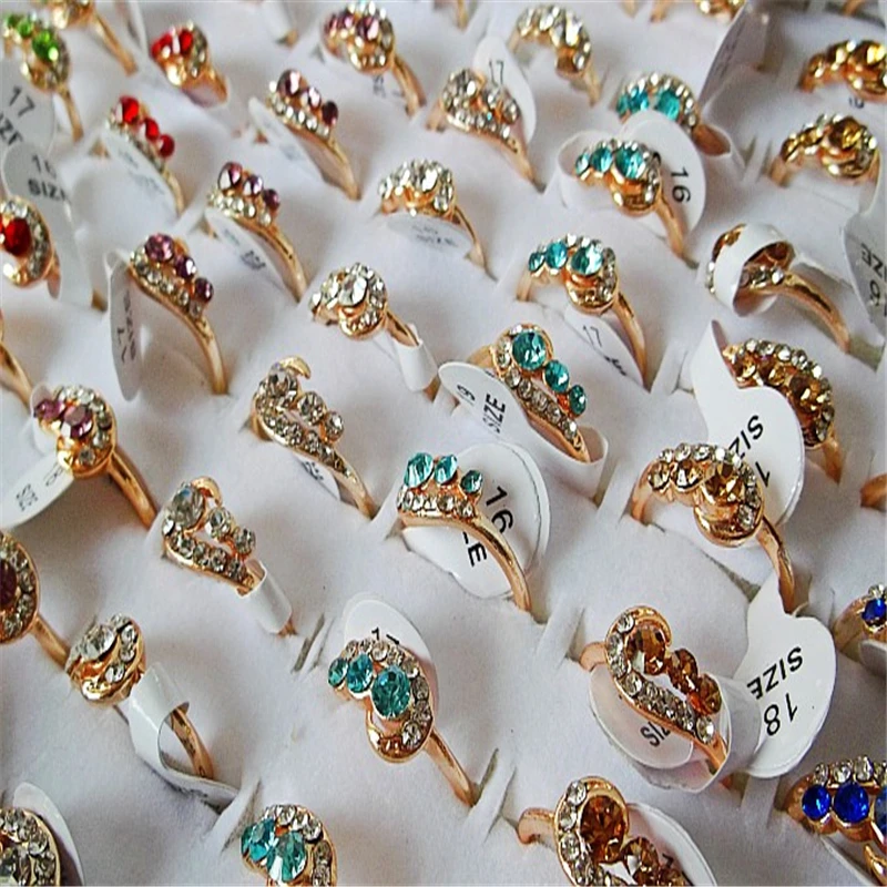 QianBei 2018 Fashion Jewelry Gold Color Rhinestone Rings Women Hot Wholesale Mixed 50pcs/Lots Party Gifts Free Shipping