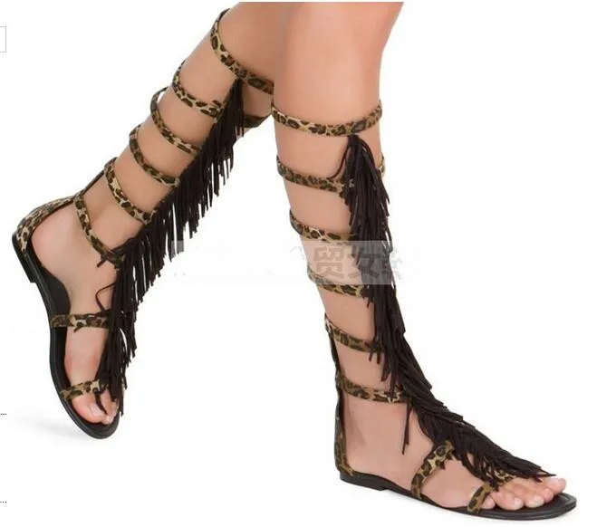 Size 35-43 tassels narrow band cut-outs gladiator knee high boots peep toe buckles strap flat sandal fringed knee boots