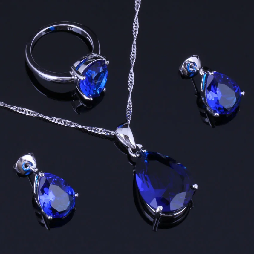 Pleasant Water Drop Blue Cubic Zirconia Silver Plated Jewelry Sets Earrings Pendant Chain Ring V0960