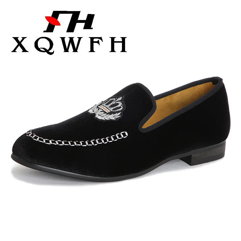 Men Shoes Embroidered Crown Design Men Velvet Loafers Wedding and Party Men's Smoking Slippers US 5.5-13.5 Free Shipping