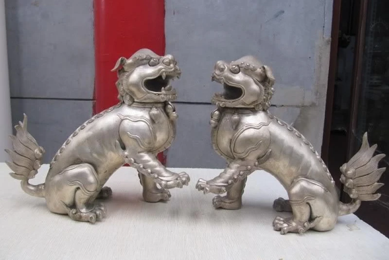 Chinese Bronze silver-gilt Palace Feng Shui Evil Door beast Foo Fu Dog Lion Pair