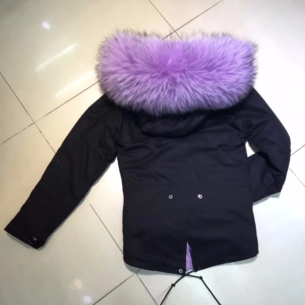 Popular Style Purple Faux Fur Lined Parka For Women Black Short Coat Ladies Beautiful Fur Jacket With Raccoon Fur Collar