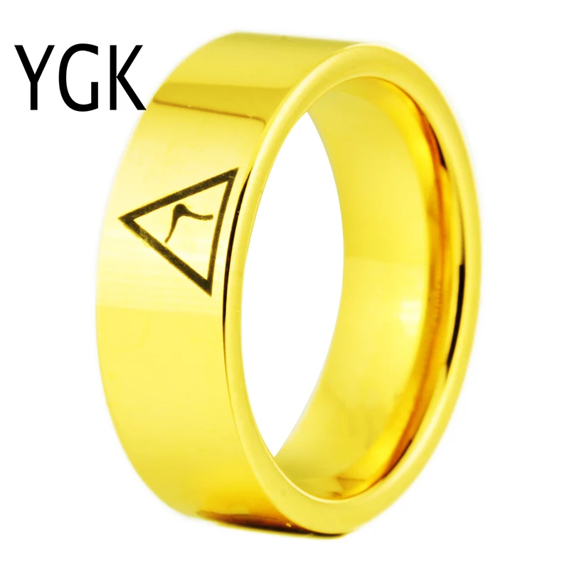 YGK Brand JEWELRY 8MM Width 14th Degree MASONIC Gold Color Pipe Cut Tungsten Carbide Ring for Man and Woman's Wedding