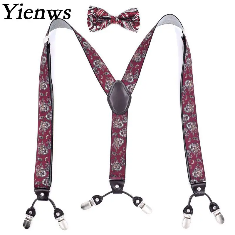 Yienws Bretele Mens Suspenders And Bow Tie Cashew Flowers Leather Suspender Mans Braces for Trousers 125cm Bretels Mannen YiA006