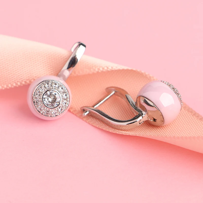 Fashion Simple Round Ceramic Stud Earrings Silver Plated Cubic Zirconia Classic Earrings For Women Party Wedding Jewelry Gift