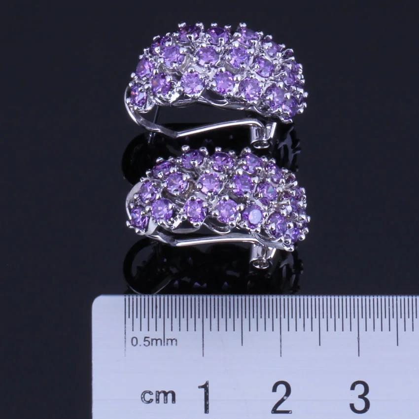 Captivating Purple Cubic Zirconia Silver Plated Jewelry Sets Earrings Pendant Chain Ring V0308