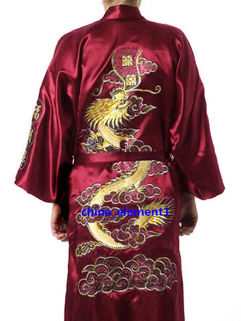 Burgund Herren Kimono Robe Stickerei Bad Kleid Faux Seide Bademantel Nachthemd Nachtwäsche Hombre Pijama Größe S M L XL XXL XXXL