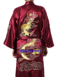 Burgundy Mens Kimono Robe Embroidery Bath Gown Faux Silk Bathrobe Nightgown Sleepwear Hombre Pijama Size S M L XL XXL XXXL